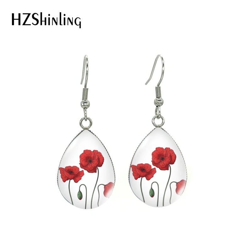 New Arrival Tear Drop Hook Earrings Poppies Glass Dome Cabochon Earrings Jewelry