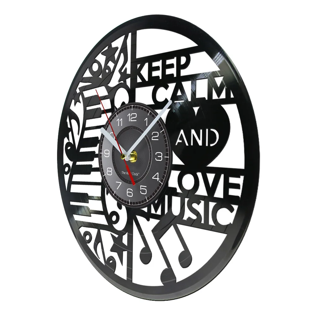 Keep Calm And Love Music Record Wall Clock Piano Keyboard With Music Saying Laser Cut Gramophone Music Notes Silent Quartz Clock