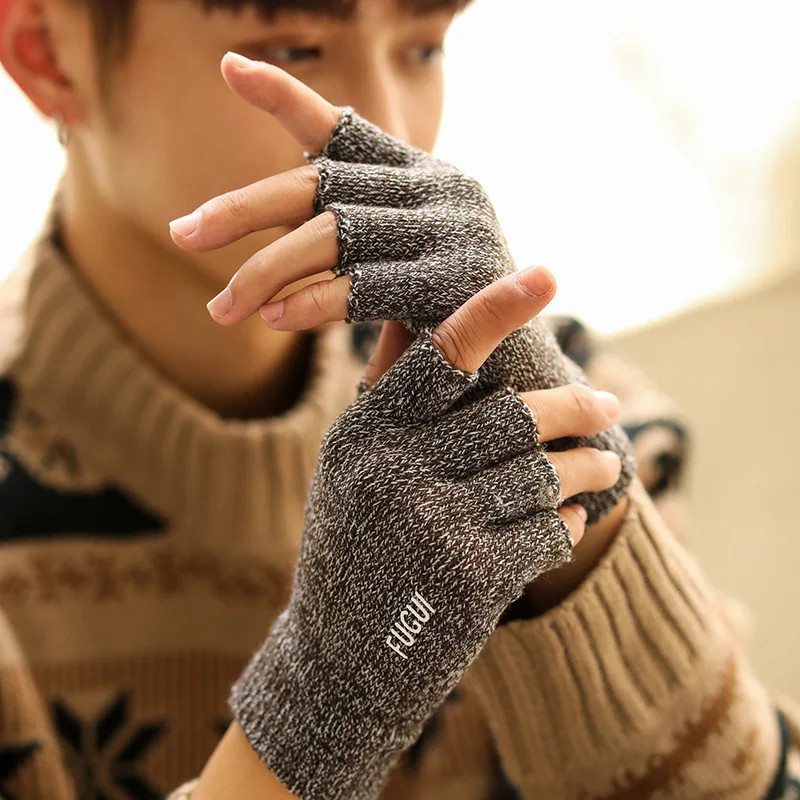 Autumn Winter Man Keep Warm Touch Screen Plus Fleece Knitted Wool High Elasticity Half-Finger Gloves Drive Cycling Non-Slip