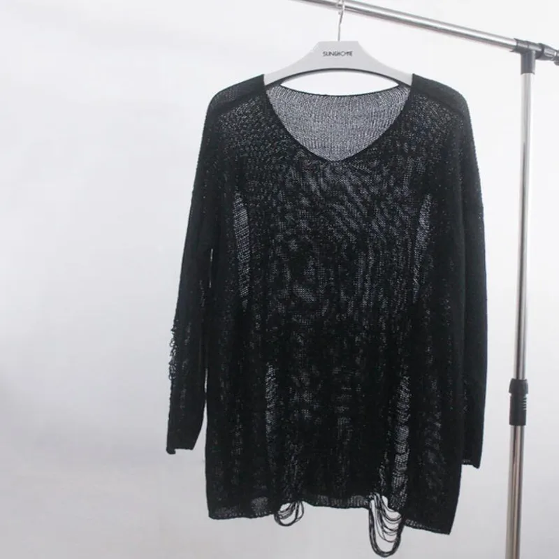 Sexy Women Loose Hole Sweater Hollow out Asymmetric Hem Loose Knitted V neck Long Sleeve See through Sweater Tops