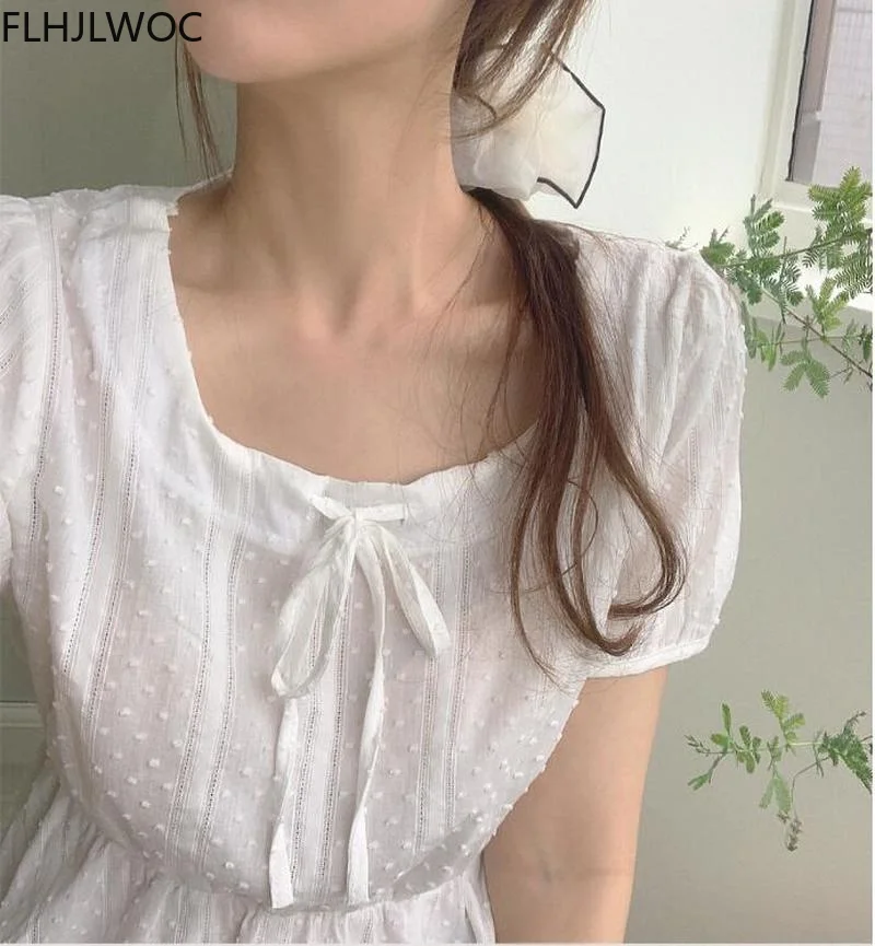 Embroidery Cute Chic Top Bow Tie Women Summer Korea Japan Style Flhjlwoc Vintage Slim Waist Peplum White Short Shirt Blouse