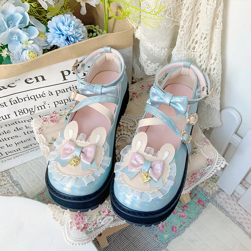 Winter Girls Shoes Large Size 44 45 Plush Warmth Sweet Lolita Shoes Cute Rabbit Ears Lace Low Heel Round Head Cos Lolita Shoes