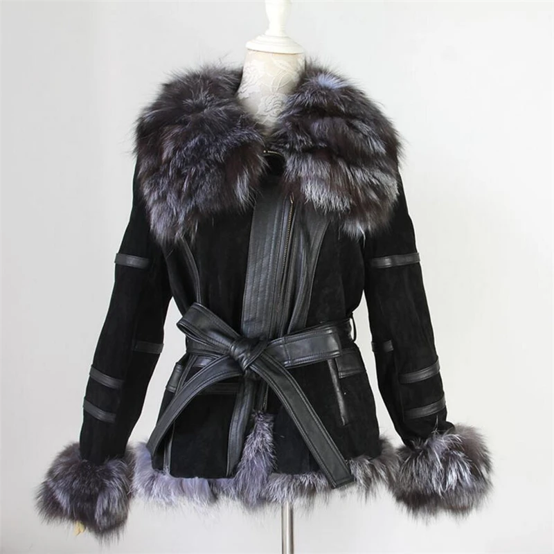 Ianlan Casual Winter Vrouwen Real Fur Jassen Met Tailleband Echt Lederen Jas Zilver Vos Bontkraag & Manchet Trimmen IL00005