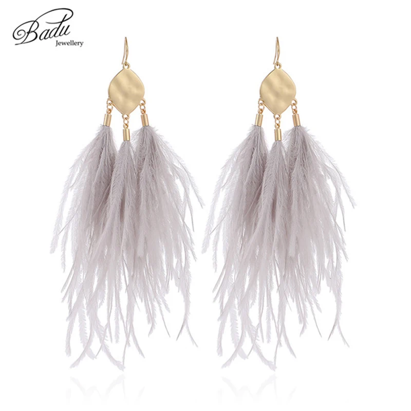 Badu Vintage Ostrich Feather Earring Long Drop Women Winter Autumn Winter Earrings Light Feathers Christmas Jewelry Wholesale
