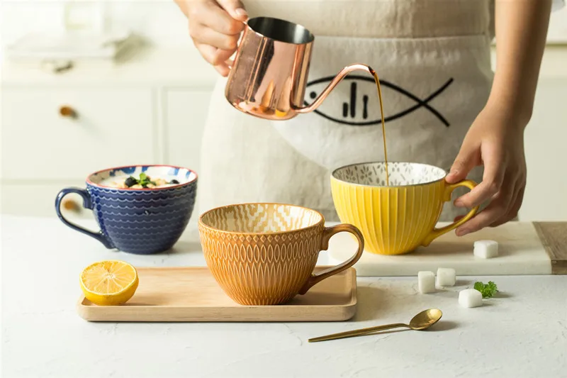 European Style Ceramic Coffee Cups Milk Tea Breakfast Mug Cappuccino Flower Cups Latte Kitchen Tableware High-grade