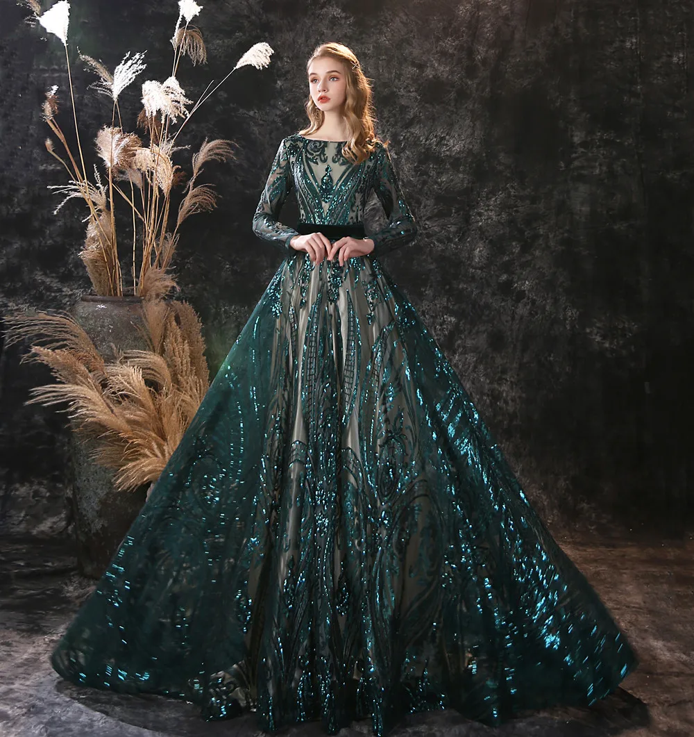 Fairy Evening Dresses Lace Appliques Sequin Prom Gowns Long Sleeves Backless Sweep Train Special Occasion Dress Real Images