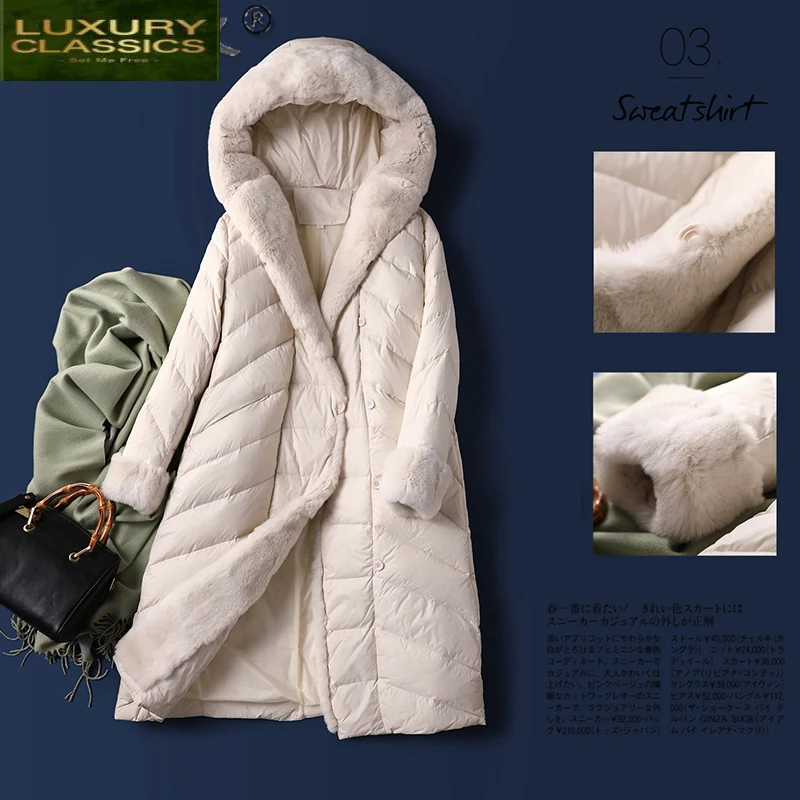 90% White Duck Down Jacket Woman Hooded Coat Female Warm Parkas Woman Rabbit Fur Collar Fashion 2021 Mujeres Abrigos 55LW