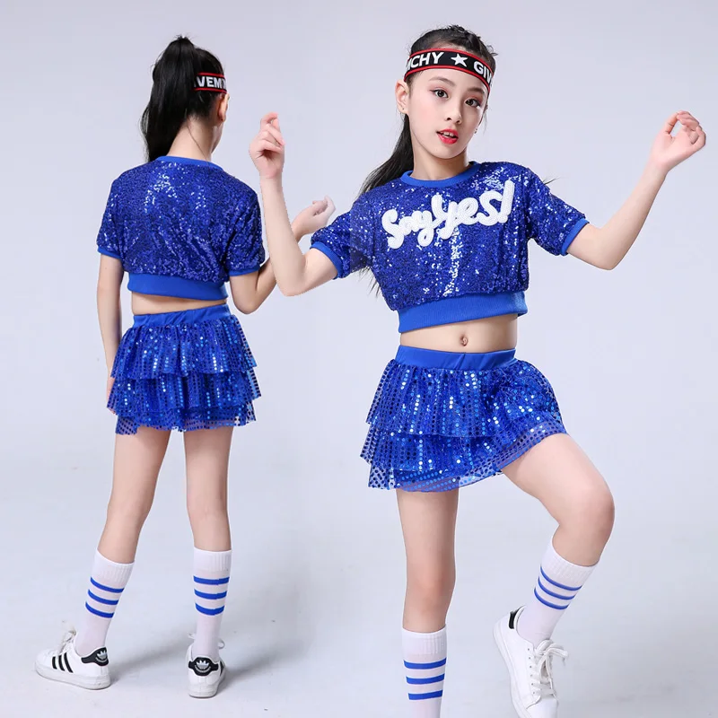 ใหม่แจ๊สเครื่องแต่งกายหญิงสีฟ้าชุดHip Hop Street Danceเสื้อผ้าเวทีสวมใส่เสื้อผ้าเต้นรำเครื่องแต่งกายสำหรับเด็ก