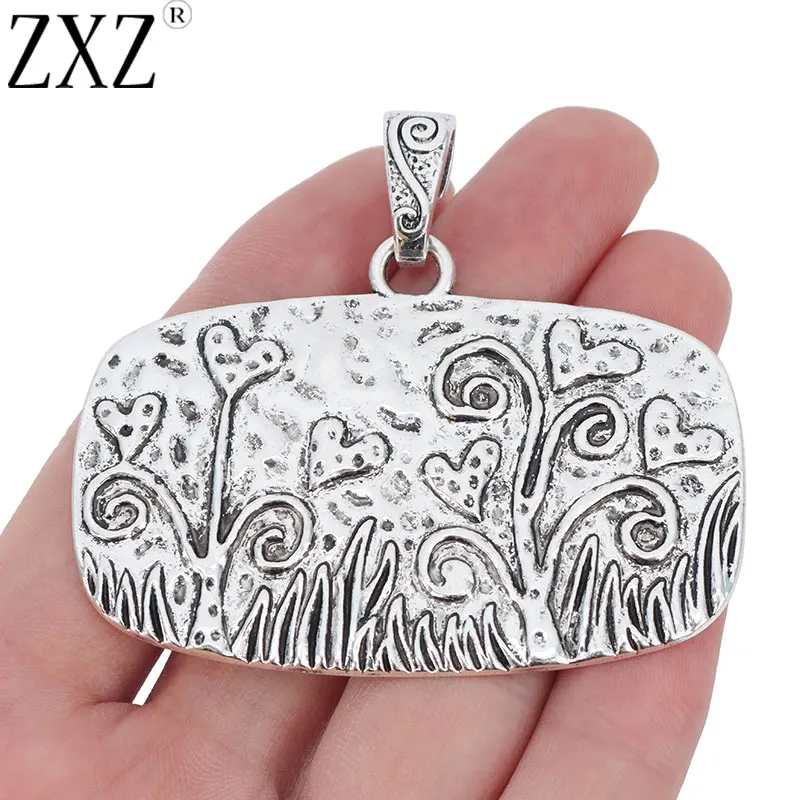 ZXZ 2pcs Tibetan Silver Large Hammered Flower Grass Plant Rectangle Charms Pendants for Necklace Jewelry Making Findings