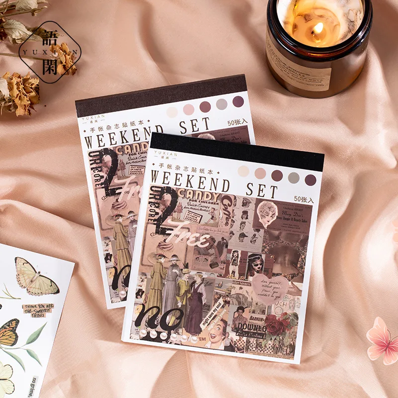 50 Sheets/pack Washi Paper Sticker Set Hand Account Magazine Series Hand-painted Cartoon Material Decorative Stickers