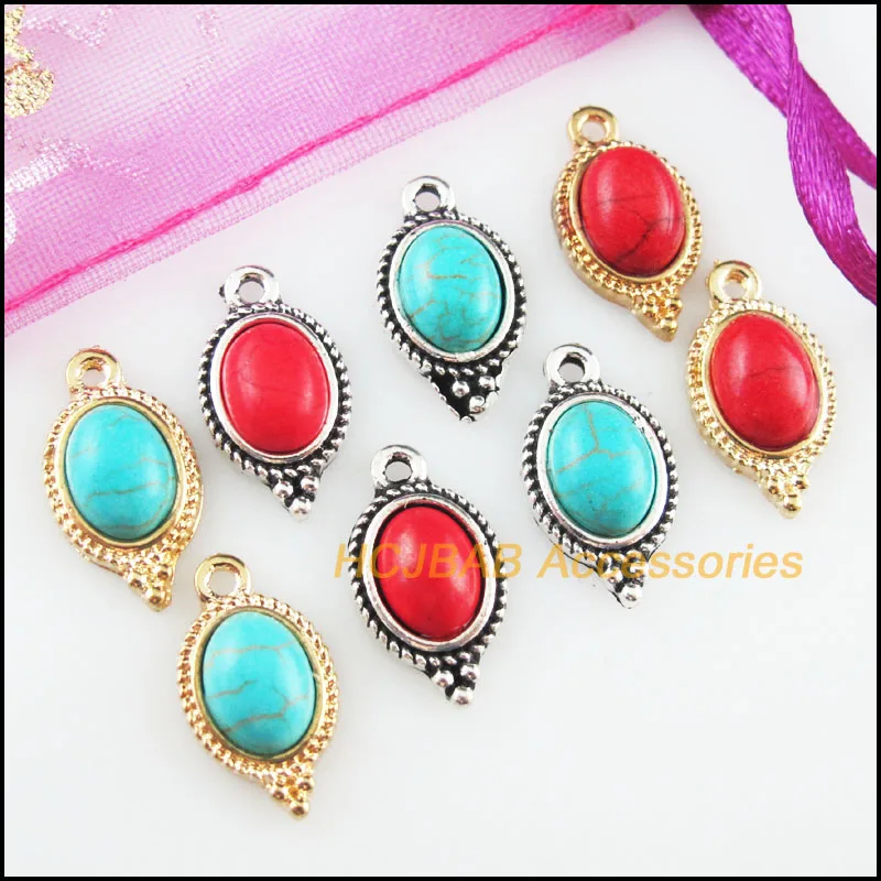 15Pcs Retro Gold Color Tibetan Silver Tone Oval Blue&Red Stone Charms Pendants 9x17mm