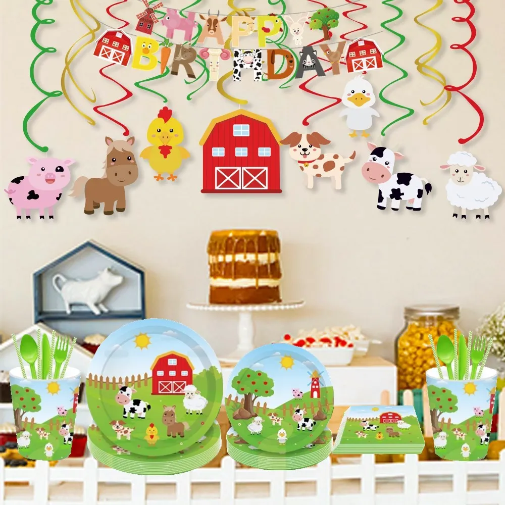 Bauernhoftiere PVC Spiral-Hängedekorationen Party-Dekorationen Pappteller Becher Servietten Kuh Schwein Karten Kindergeburtstag Party-Zubehör – Detail 1