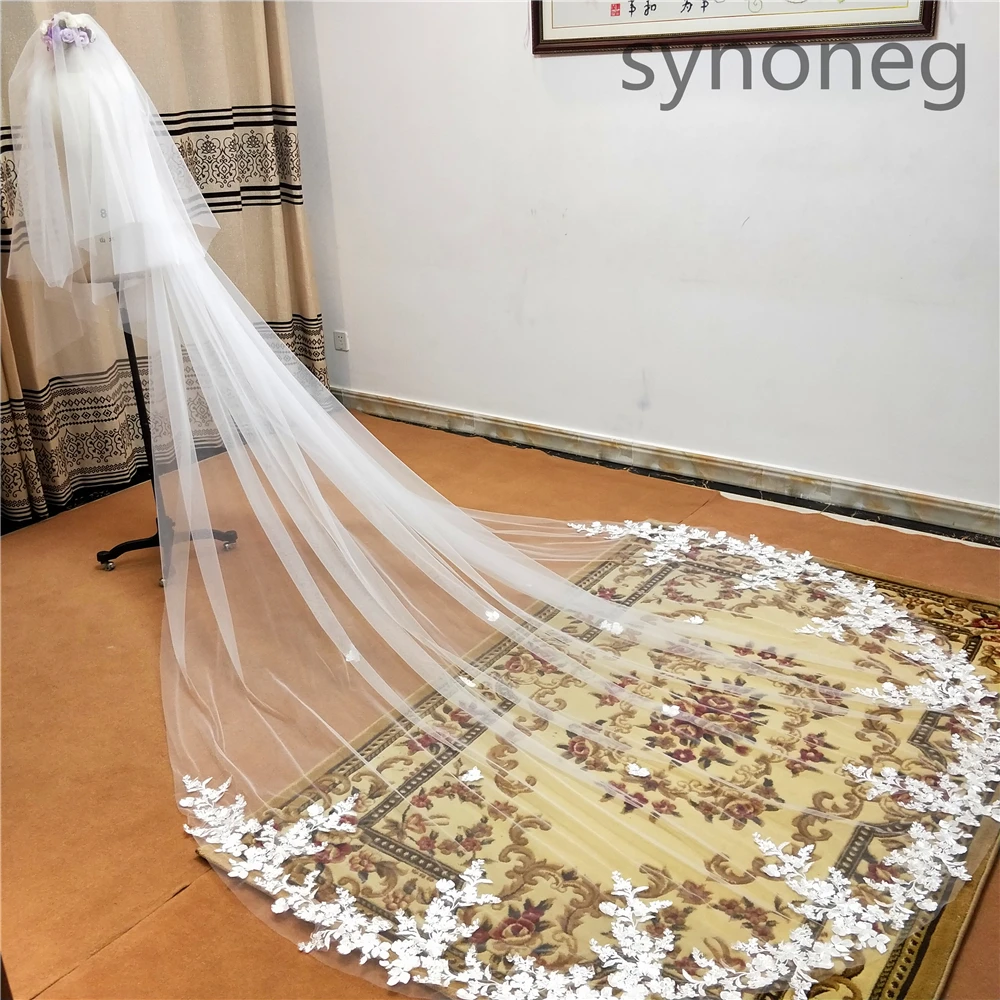 Cover face Real Photo 3m two Layer Wedding Veil With Comb White Lace Edge Bridal Veils Ivory Appliqued Cathedral Wedding Veil