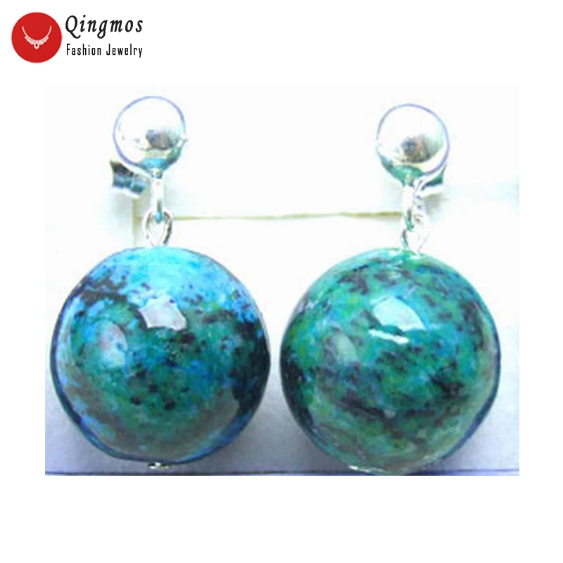 

Qingmos 14mm Round Natural Green Chrysocolla Earrings for Women with Silver Stud Dangle Earring Jewelry ear205