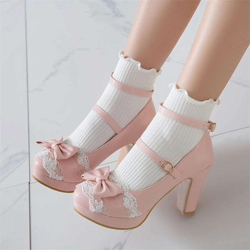 FOREADA Woman Lolita Style Buckle Shoes Platform Block High Heels Pumps Bow Round Toe Ankle Strap Lady Pumps Spring 34-43 Pink