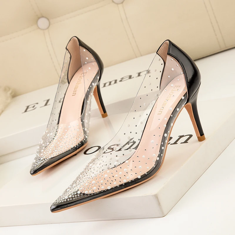 

2022 Elegant Women Glitter 7.5cm High Heels Pumps Designer Bling Crystal Gold Silver Heels Wedding Bridal Party Shoe Plus Size