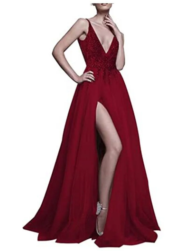 2022 espaguete longo chiffon vestido de baile uma linha de renda lado dividir vestidos de noite para feminino elegante varredura trem cerimônia da mulher