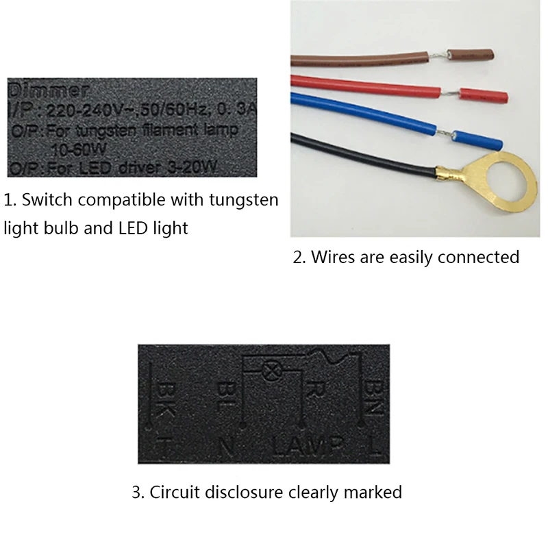 US/EU 0.3A/0.8A LD-600S interruttore ON/OFF Dimmer Touch a 3 vie integrato US EU 220V-240V 20W-150W