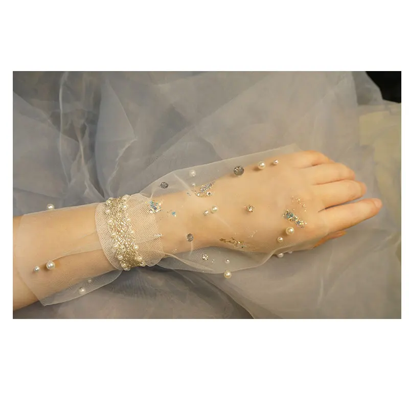 Soft Tulle bride gloves gauze gloves Pearl Crystal Beads short gloves wedding dress wedding accessories