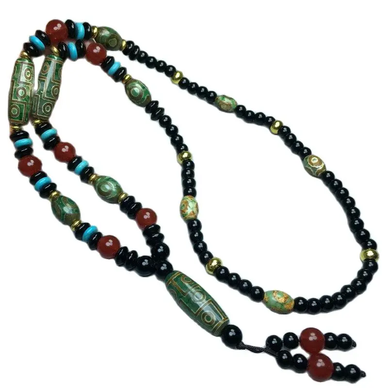 Tibetan Old Agate Three Eyes Nine Eyes Green Dzi Bead Pendant Necklace