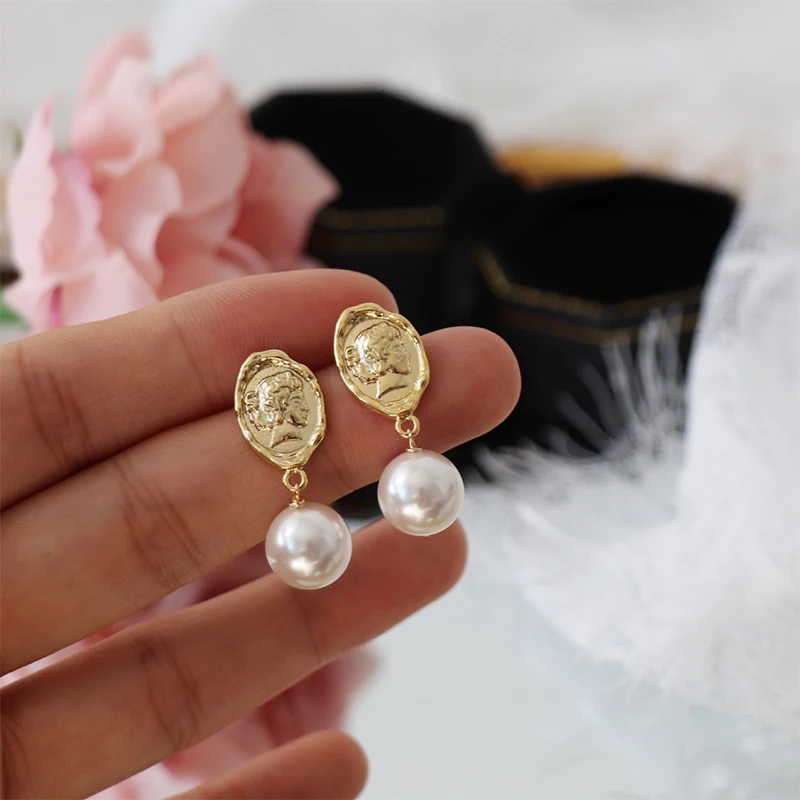 Brass  With 18k Gold Real Pearl Coin Image Earrings Women Jewelry Party T Show Gown Runway Rare Korean Japan Trendy INS Boho