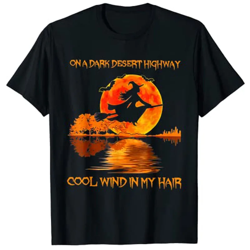 Witch Riding Brooms on A Dark Desert Highways Halloween T-Shirt Graphic T Shirts Women Fashion Tee Tops