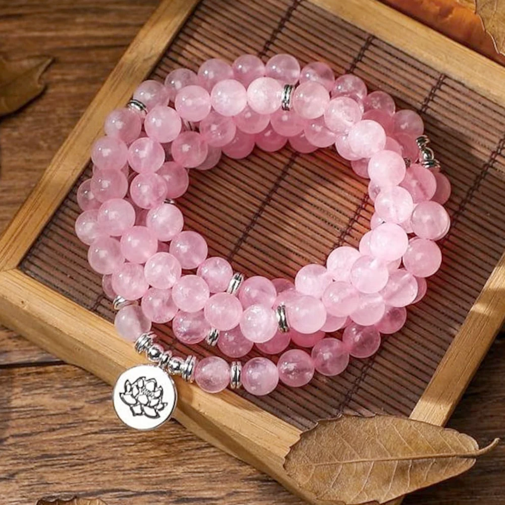 MG1345 Natural AA Grade Madagascar Rose Quartz 108 Mala Bracelet Lotus Charm Yoga Mala Wrap Bracelet Best Birthday Gifts For Her