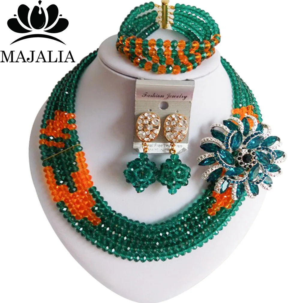 Fashion Crystal Army Green and Orange Necklace African Wedding Nigeria Major Holiday Bride Wedding Jewelry Set SJ-17