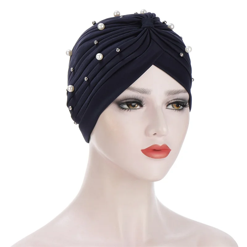 New Women's Hair Care Islamic Pearl Head Scarf Milk Silk Muslim Beads Braid Wrap Stretch Turban Hat Chemo Cap Head Wrap