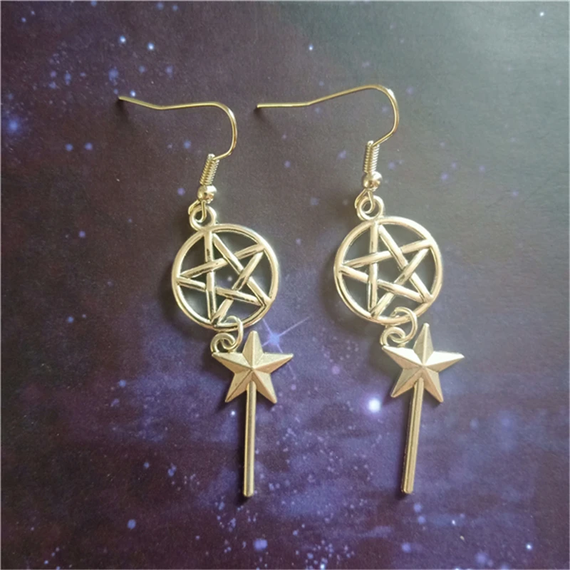 Pentagram Dangle Earring, Witch Jewelry, Handmade Jewellery, Wiccan Jewellery, Girl Women Earrings, Magic Wand Earrings