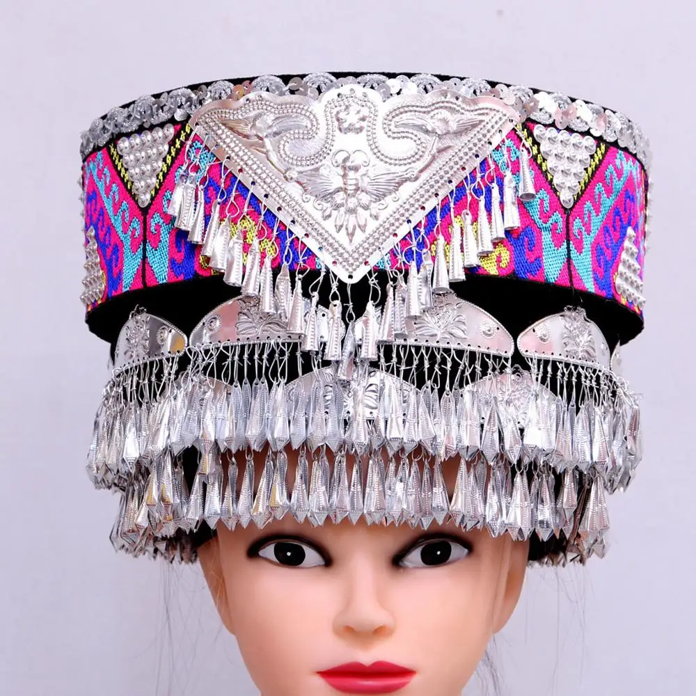 Chinese Folk Dance Costume Headdress For Woman Silver Miao Hats Hmong Headwear Stage Dancer Hats Chinese Minority Clothing