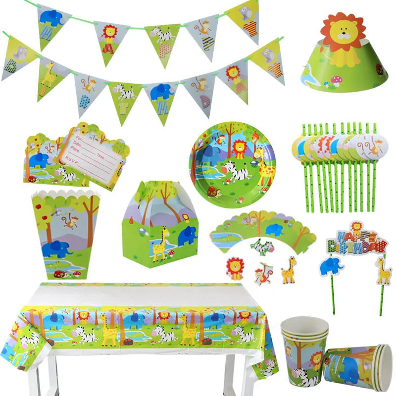 Safari Party Disposable Tableware set Jungle Animal Party Ballons kids 1 2 3 4 5 6 7 8 9 Years Birthday Party decorations Baby