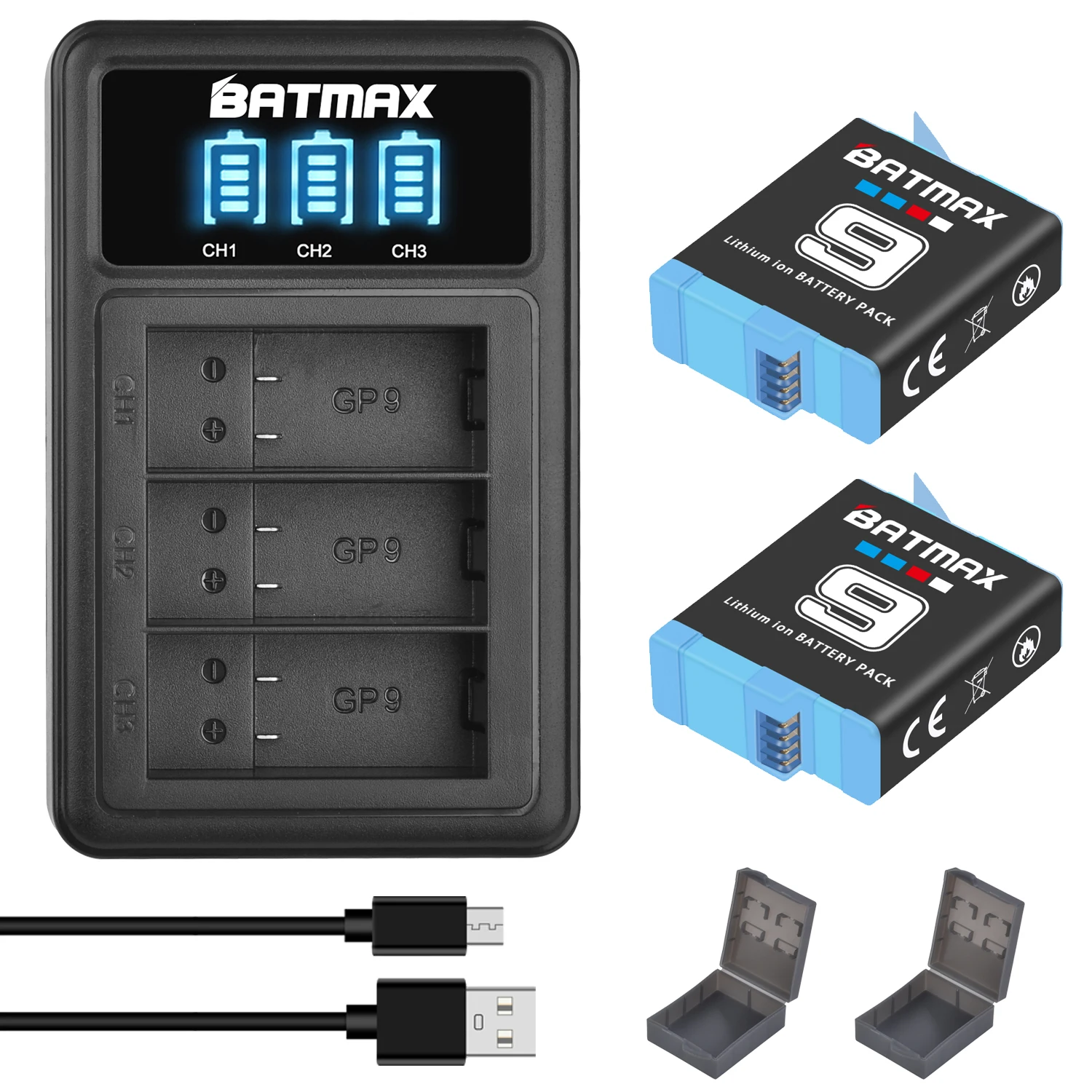 Batmax  Battery 1780 mAh for GoPro Hero 9  Hero 10 11 12 Cameras + 3-Slots LED USB Charger Black with Battery Storage