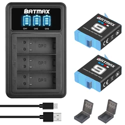 Batería Batmax 1780 mAh para cámaras GoPro Hero 9 Hero 10 11 12 + cargador USB LED de 3 ranuras negro con almacenamiento de batería