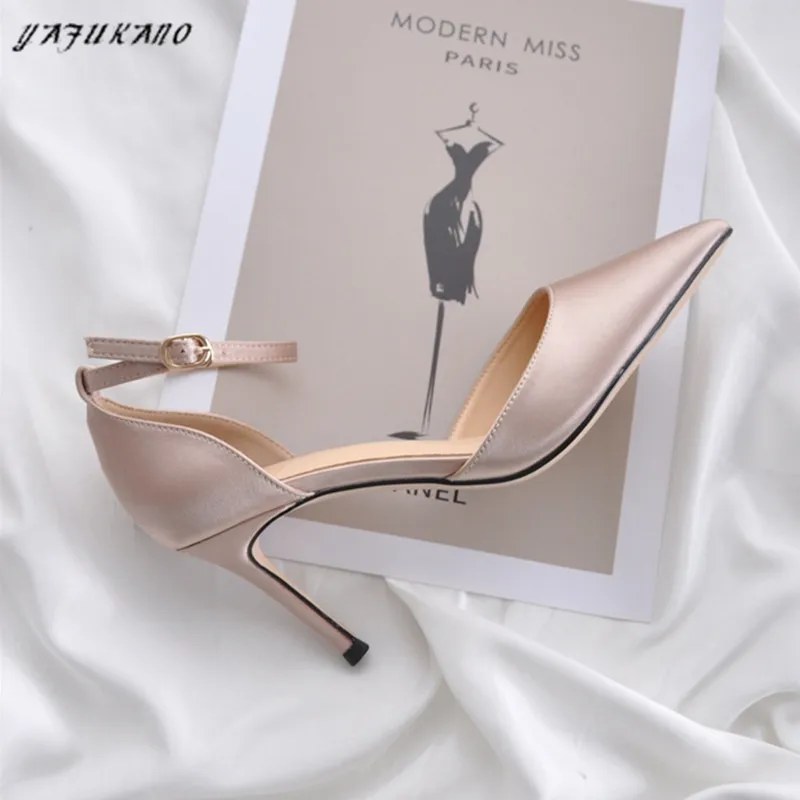 Silk Satin Mid Hollow High Heels Pointed Toe Sexy Single Shoes Thin Heels One-Word Buckle Women Shoes Champagne Lady Pumps 32 33