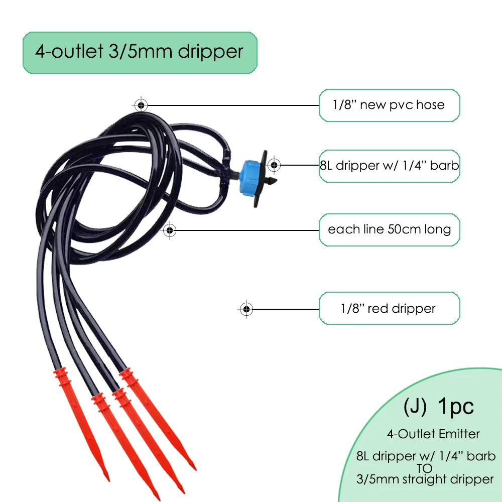 BRASMOYU 1Set 4-Outlet Micro Drip Watering Kit Spider Distribution w/4 Elbow Straight Red Drippers Patio Potted Greenhouse Drop