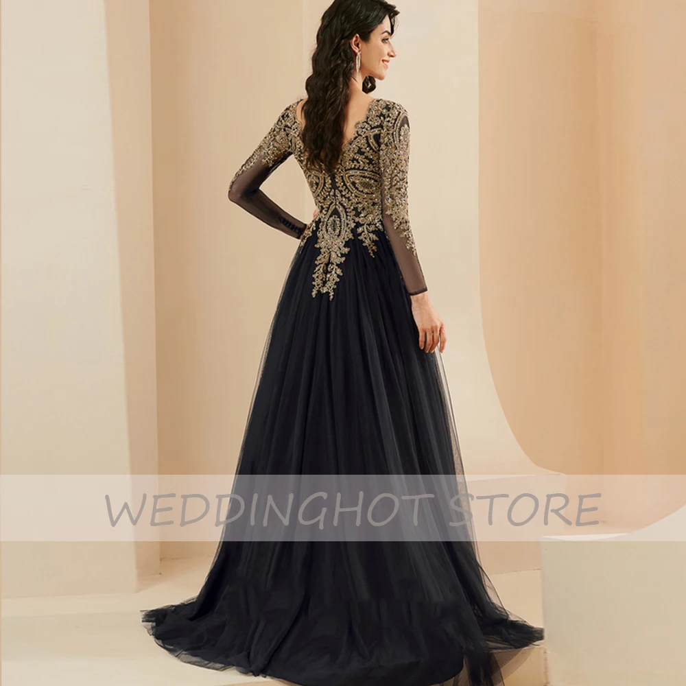 Black Tulle Evening Dresses Long 2021 A-Line Arabic V-Neck Long Sleeve Karakou Prom Party Gowns Floor-Length robes de soirée