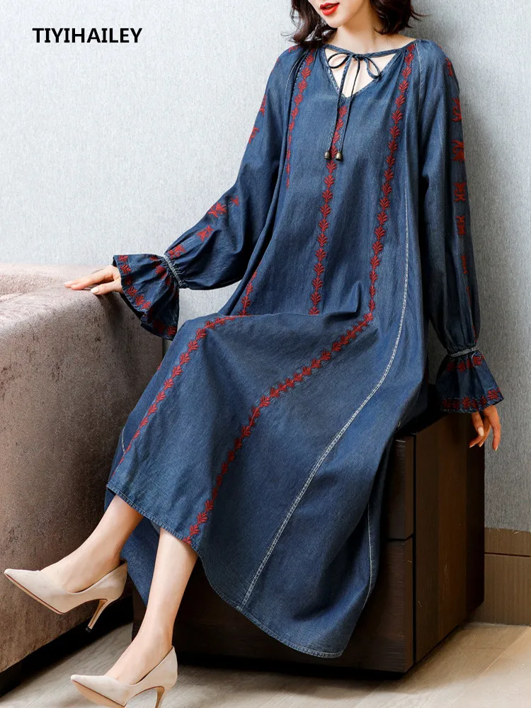 

TIYIHAILEY Free Shipping 2022 New Fashion Long Lantern Sleeve Mid-calf Women Denim Jeans Embroidery Dresses A-line Dresses