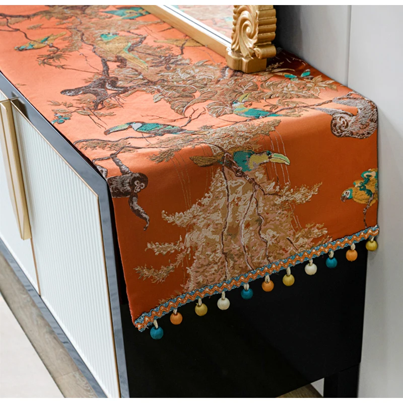 Diphylleia Tropical Table Runer Dresser Scarf Orange Panther Jacquard American Light Luxurious Rectangle Table Cloth With Tassel