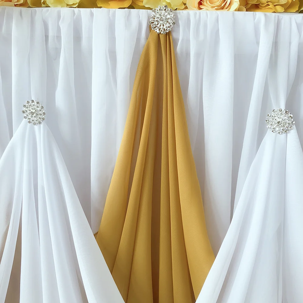 Gold White Chiffon Table Skirt with Diamond Brooch, Wedding Party Decor, New Design , 10 ftx30 inch, 1 Pc