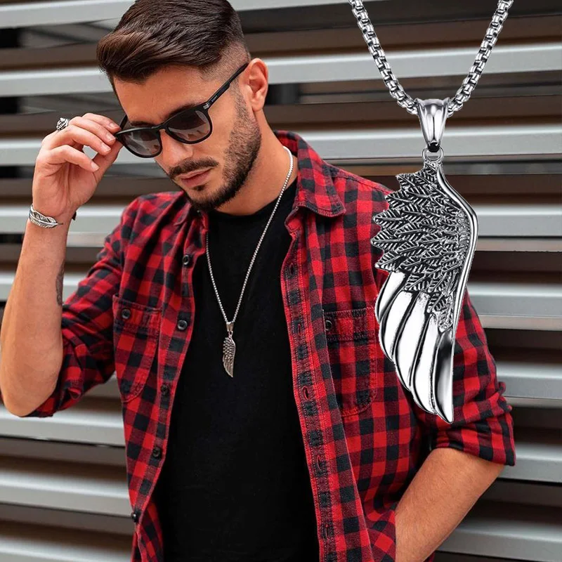 Men Pendant Necklaces, Gothic Vintage Angel Wings Feather Pendant Stainless Steel Necklaces. Man Jewely