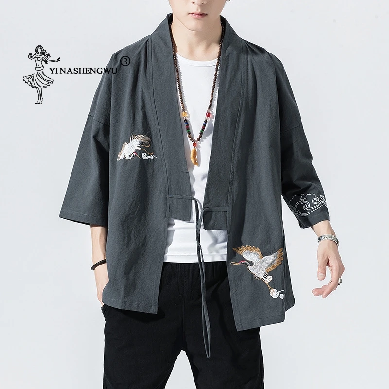 Kimono Cardigan Men Japanese Kimono Traditional Beach Thin Crane Embroidery Asian Clothes Yukata Male Samurai Casual Shirt Kimon image 5