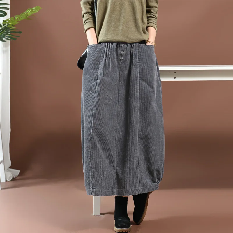 NINI WONDERLAND Autumn Classic Corduroy Skirt Women Vintage Long Skirts 2021 Spring Female Elastic Waist A-line Skirt Big Size