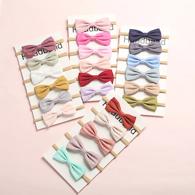 6Pcs/Lot Hair Bows Baby Girls Headband Nylon Headbands Linen Fabric Hairband For Kids Newborn Spring Hair Accessories Lovely