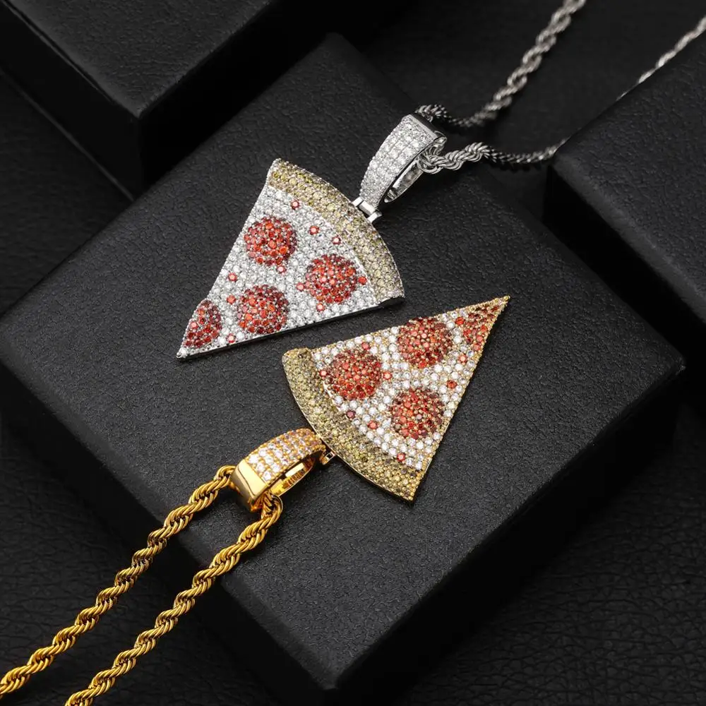 TOPGRILLZ Iced Out Pizza Pendant&Necklace Copper Gold Silver Color Micro Paved Cubic Zircon Hip Hop Jewelry Gift For Men