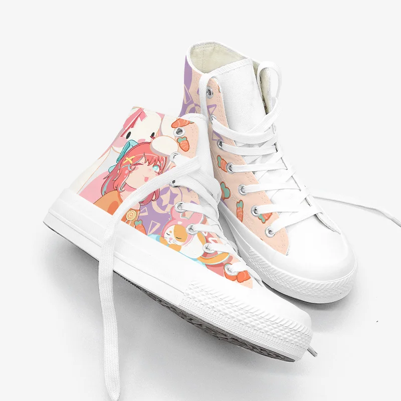 Amy and Michael Cartoon Animation Cute Female Students High Top Canvas Sneakers Women\'s Classic Flats Lace Up Hand Painted Shoes