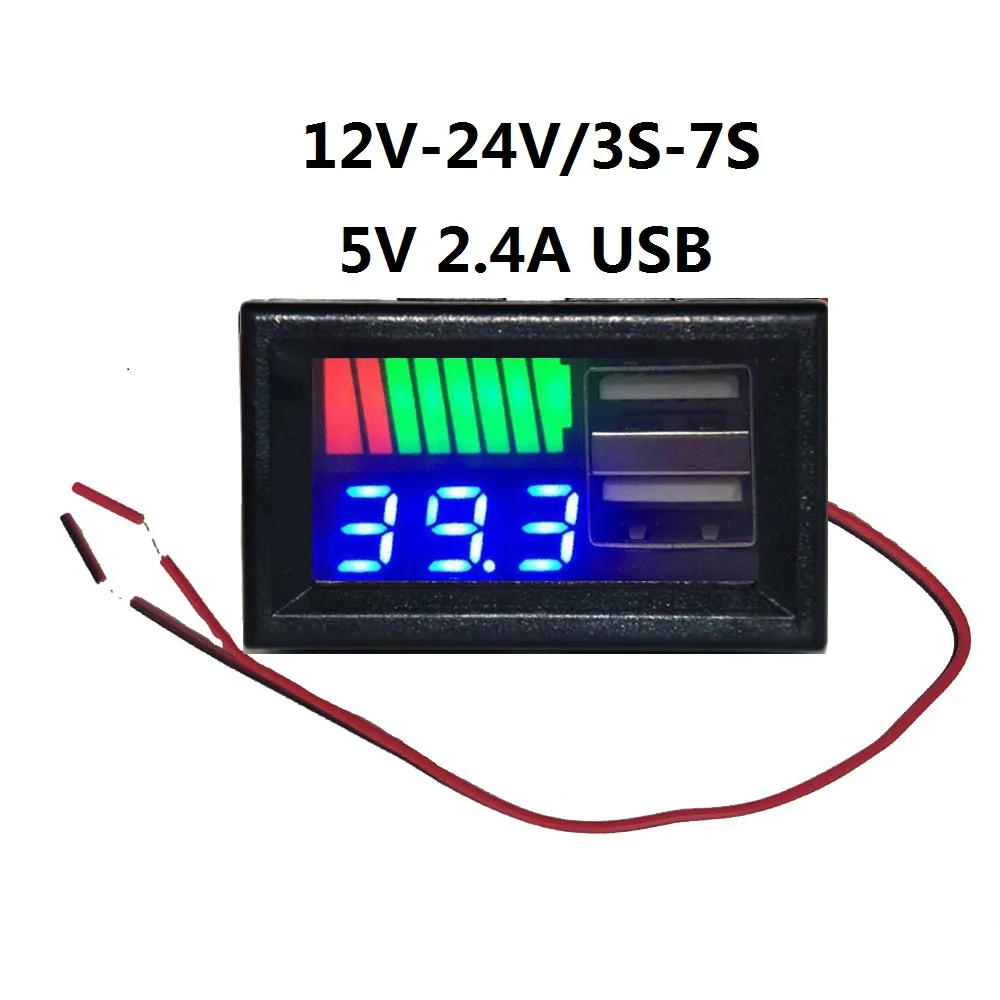 USB 5V 2.4A Car Voltmeter Voltage Meter Panel 12V-24V 3S-7S Lithium Battery Capacity Indicator Power Tester Li-ion Lead acid