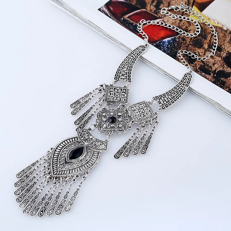 Vintage Tassel Statement Necklaces for Women Boho Ethnic Geometric Crystal Gold Silver Color Charm Femme Necklaces Jewelry