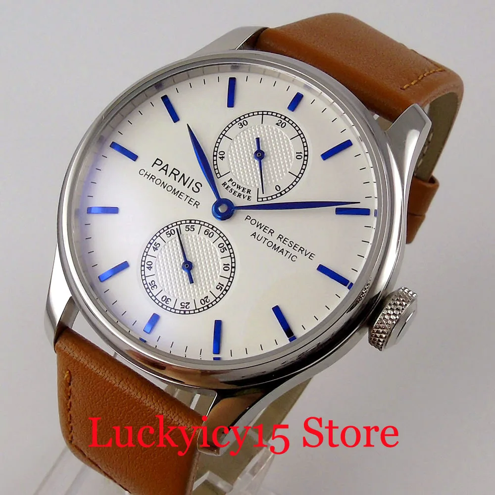 PARNIS New Power Reserve Mechanical 43mm Men Watch Round Leather Band ST Movement