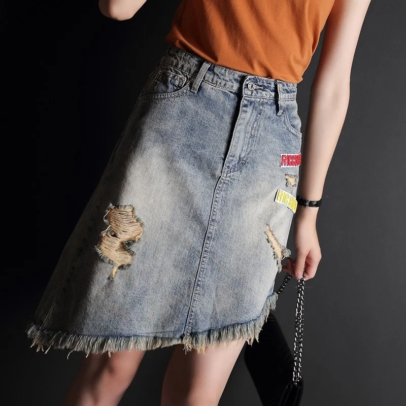 New Summer Women Denim Asymmetrical Tassels Skirts Casual Hole Ripped High Waist Mini Jeans Skirt Slim Fit Faldas Mujer